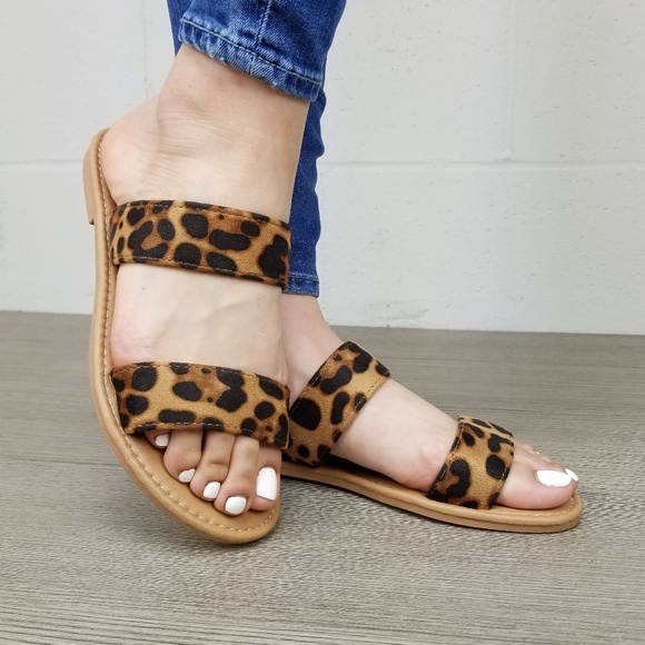 Shoes - Leopard Print Double Strap Flat Summer Sandals